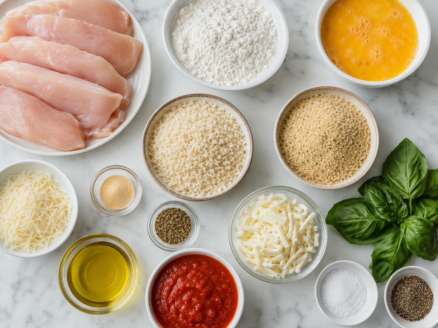 Chicken Parmesan ingredients with cutlets, crumbs, marinara, mozzarella, and basil