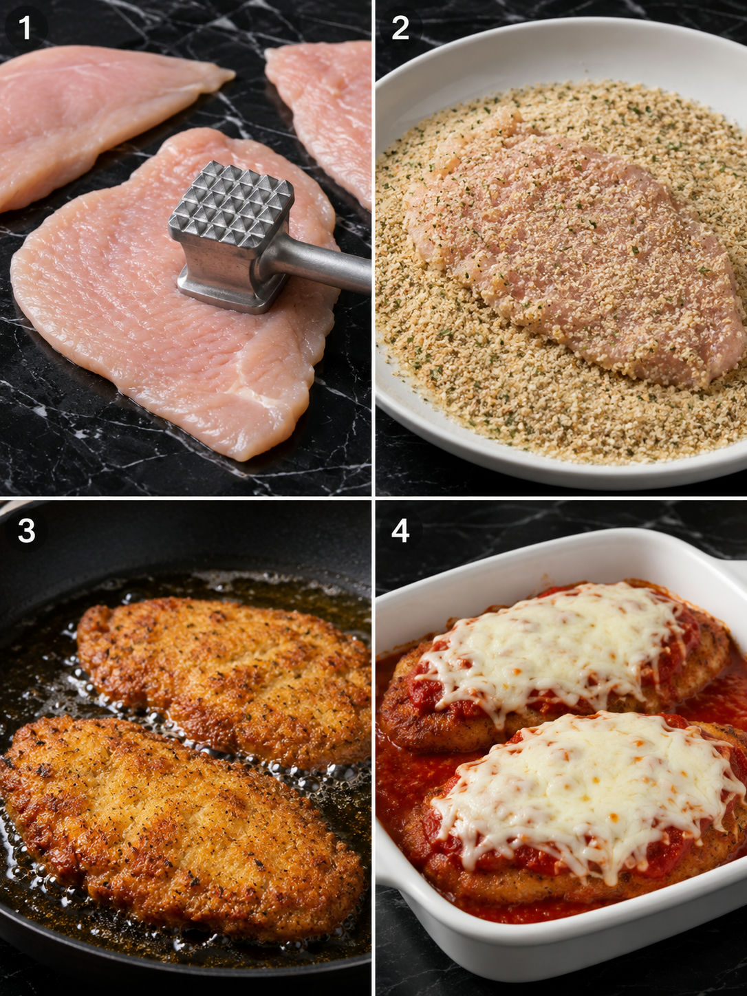 Four steps for making chicken Parmesan from pounding to topping with cheese