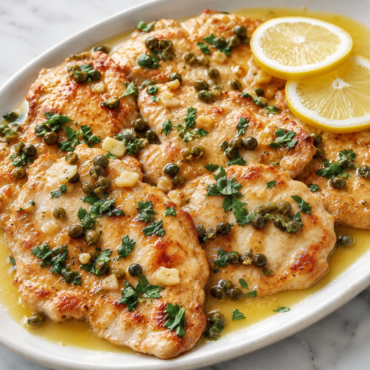 Chicken piccata with lemon slices, capers, parsley, and glossy sauce