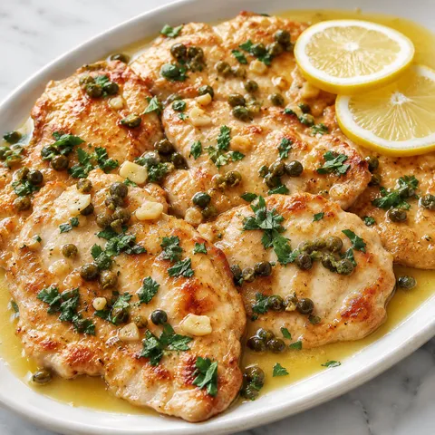 Chicken piccata with lemon slices, capers, parsley, and glossy sauce