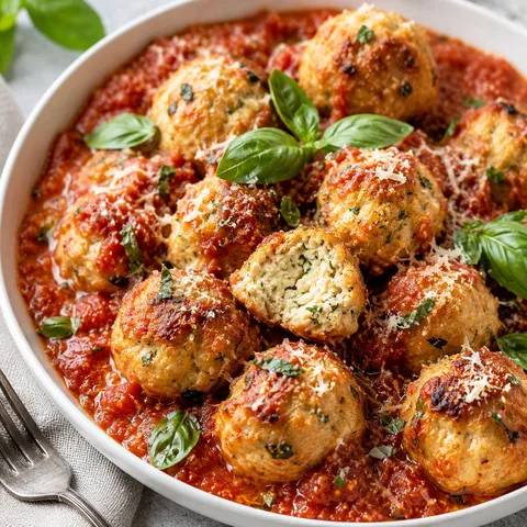 Chicken ricotta meatballs in marinara with parmesan and basil