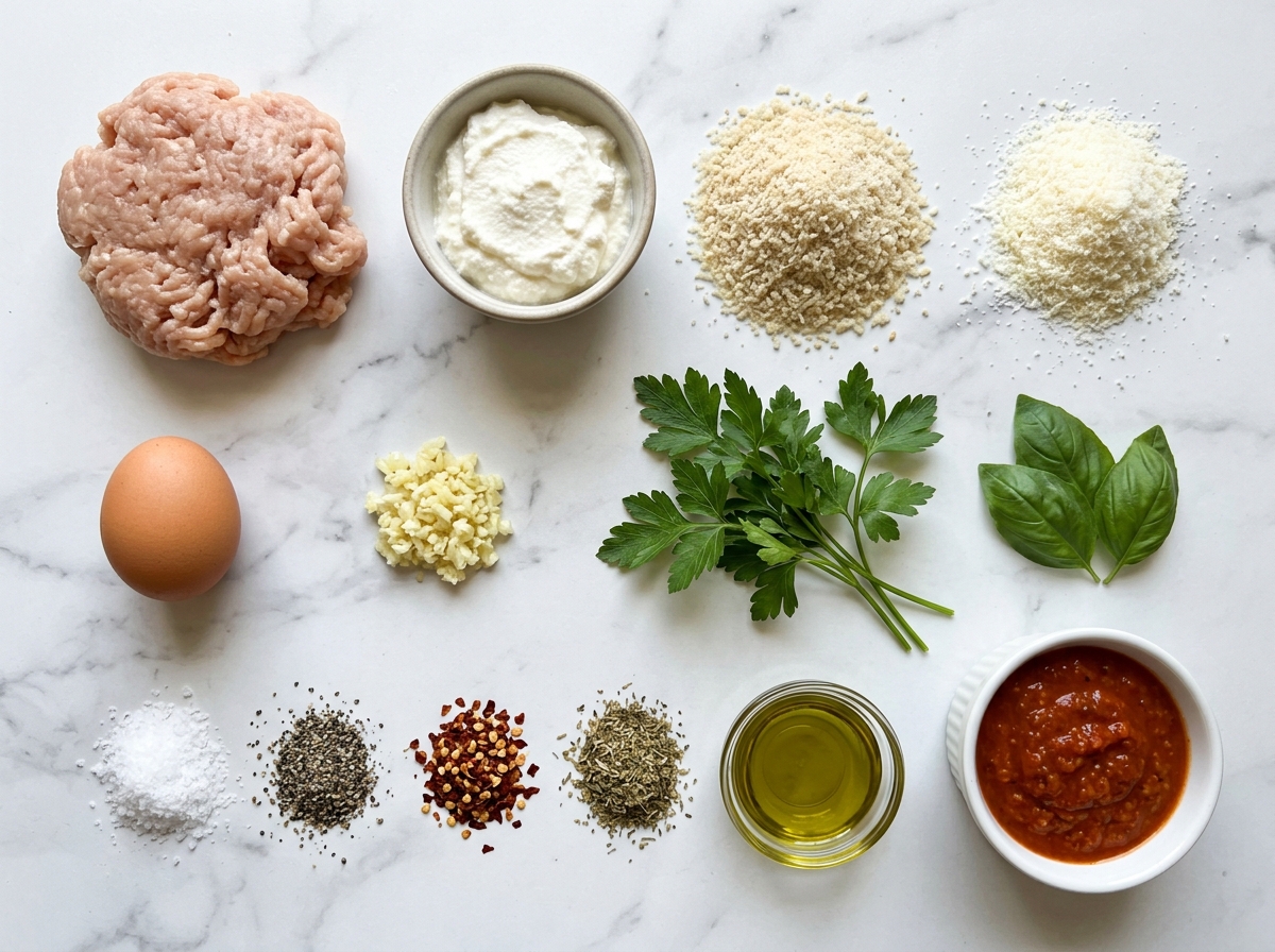Raw ingredients for chicken ricotta meatballs on a light counter