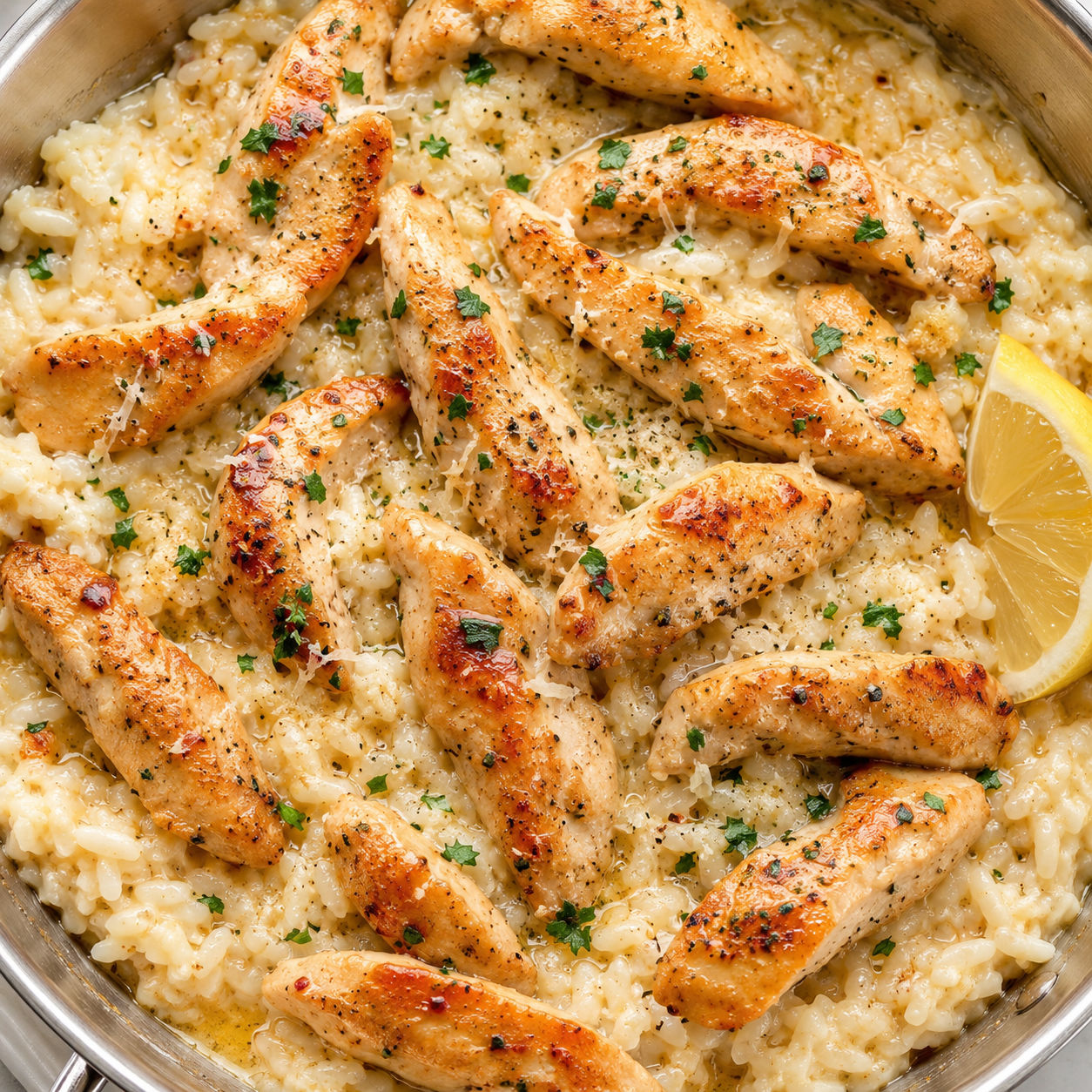 Chicken scampi over creamy garlic Parmesan rice with parsley and lemon