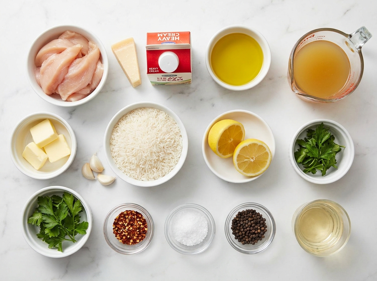 Ingredients for chicken scampi with creamy garlic Parmesan rice