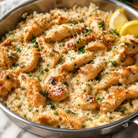 Chicken scampi with garlic parmesan rice in a skillet with parsley and lemon