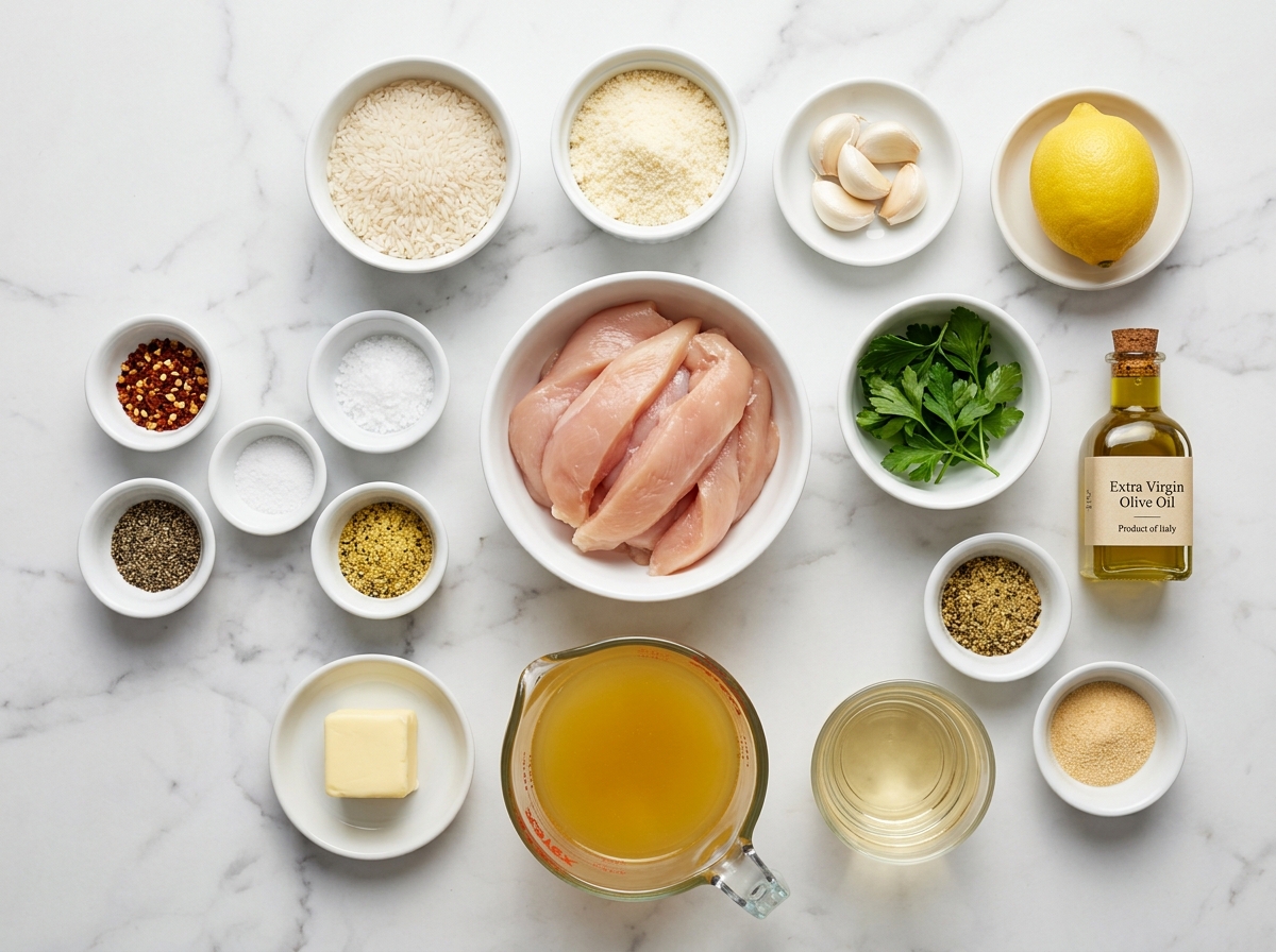 Ingredients for chicken scampi with garlic parmesan rice on a wooden surface
