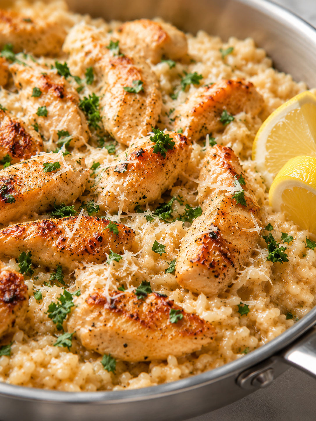 Chicken Scampi with Garlic Parmesan Rice, plated and served