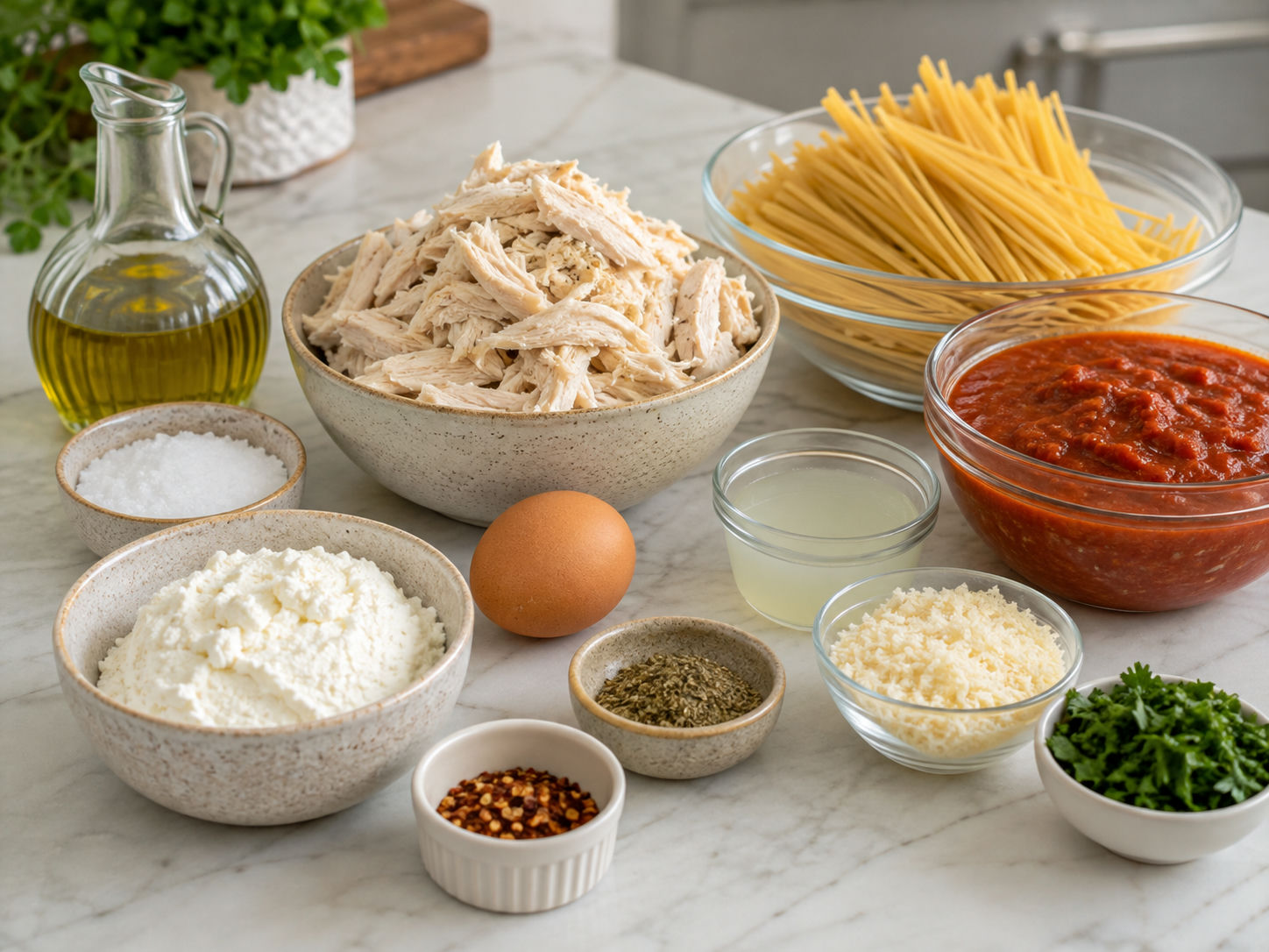 Ingredients for Chicken Spaghetti Lasagna Bake laid out