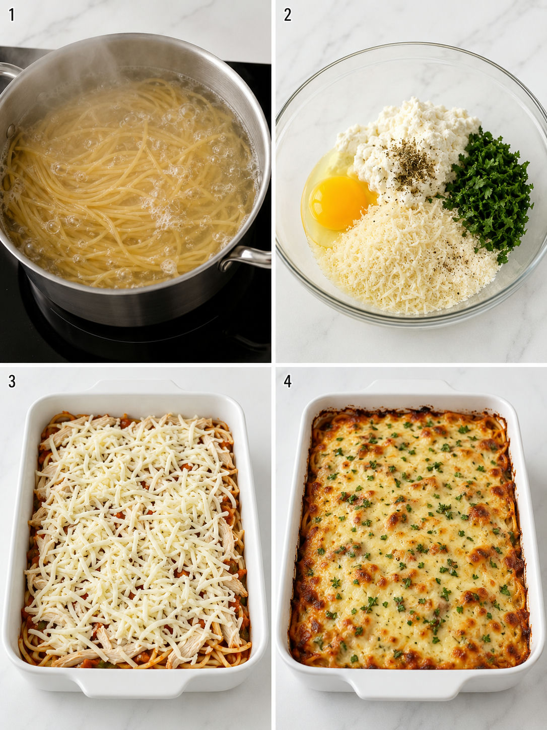 Steps for making chicken spaghetti lasagna bake in a baking dish