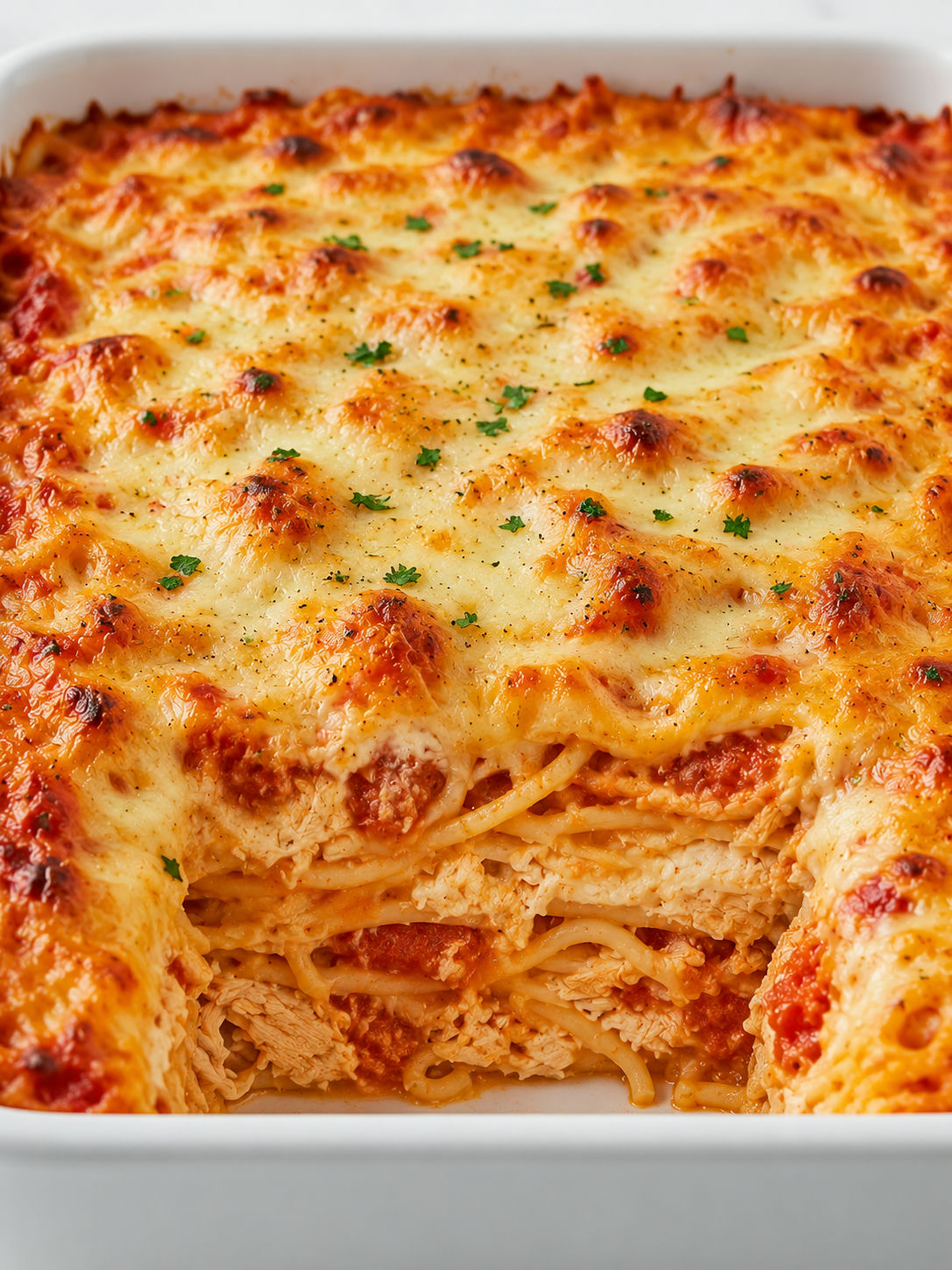 Cheesy chicken spaghetti lasagna bake lifted from the pan