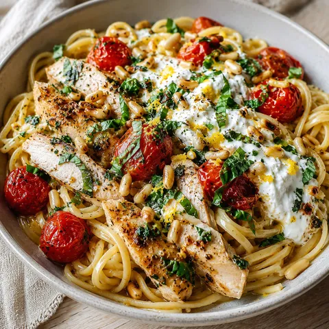 Chicken spaghetti with burrata, roasted tomatoes, basil, and pine nuts