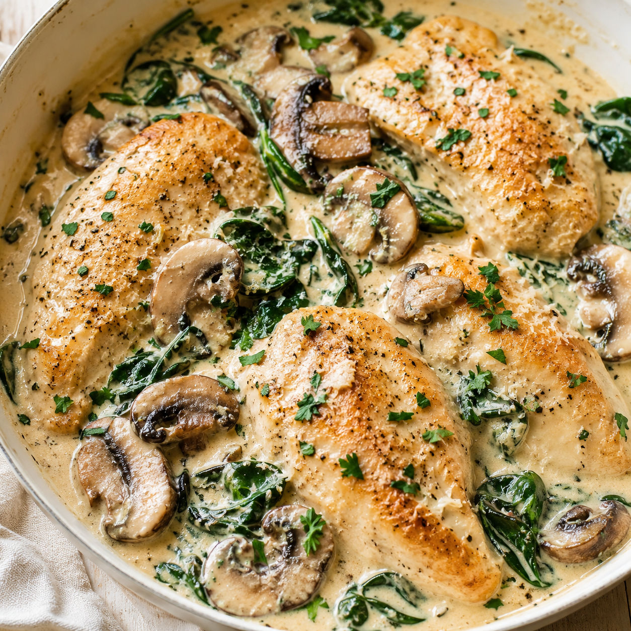 Creamy Parmesan chicken with spinach and mushrooms in a skillet