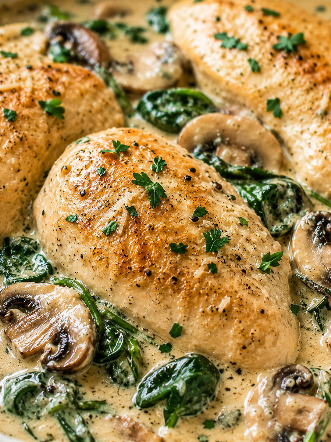 Chicken With Spinach And Mushrooms In Creamy Parmesan Sauce, plated and served