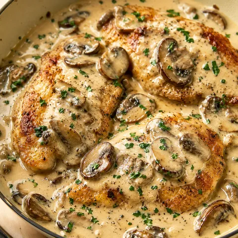 Chicken cutlets with mushrooms in creamy sauce and parsley