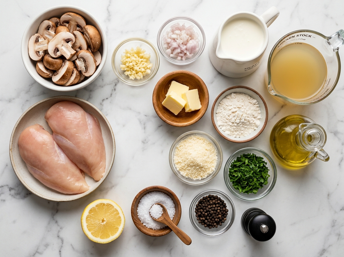Raw chicken, mushrooms, cream, parmesan, garlic, and herbs for skillet dinner