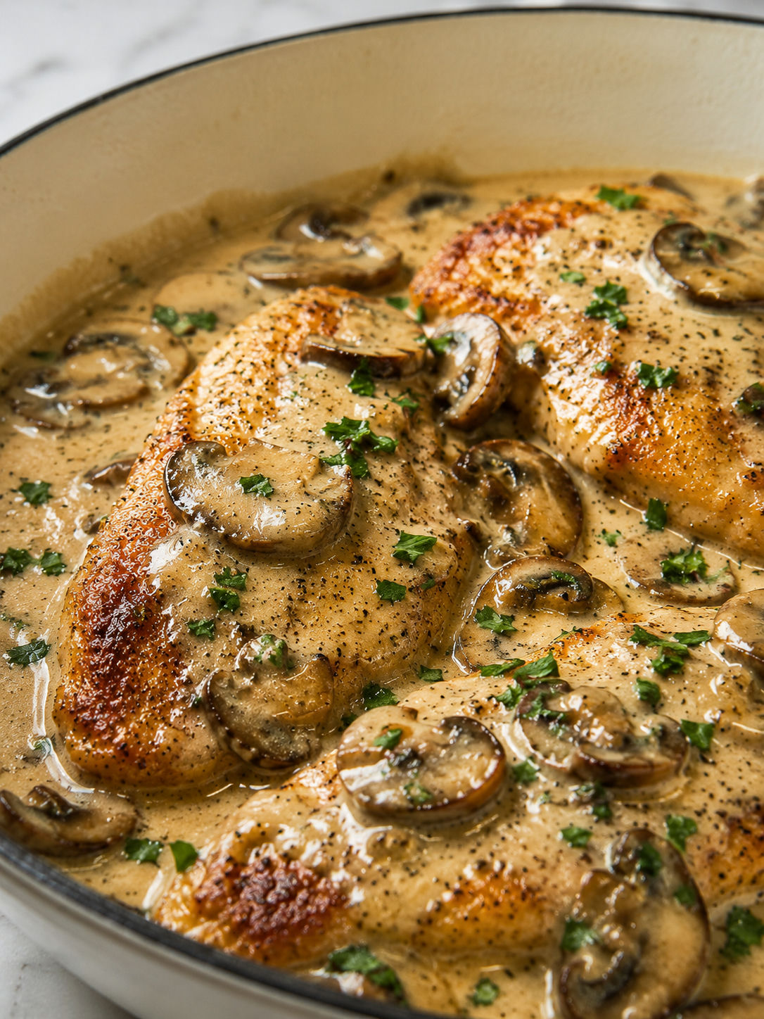 Chicken and Mushrooms in Creamy Sauce, plated and served