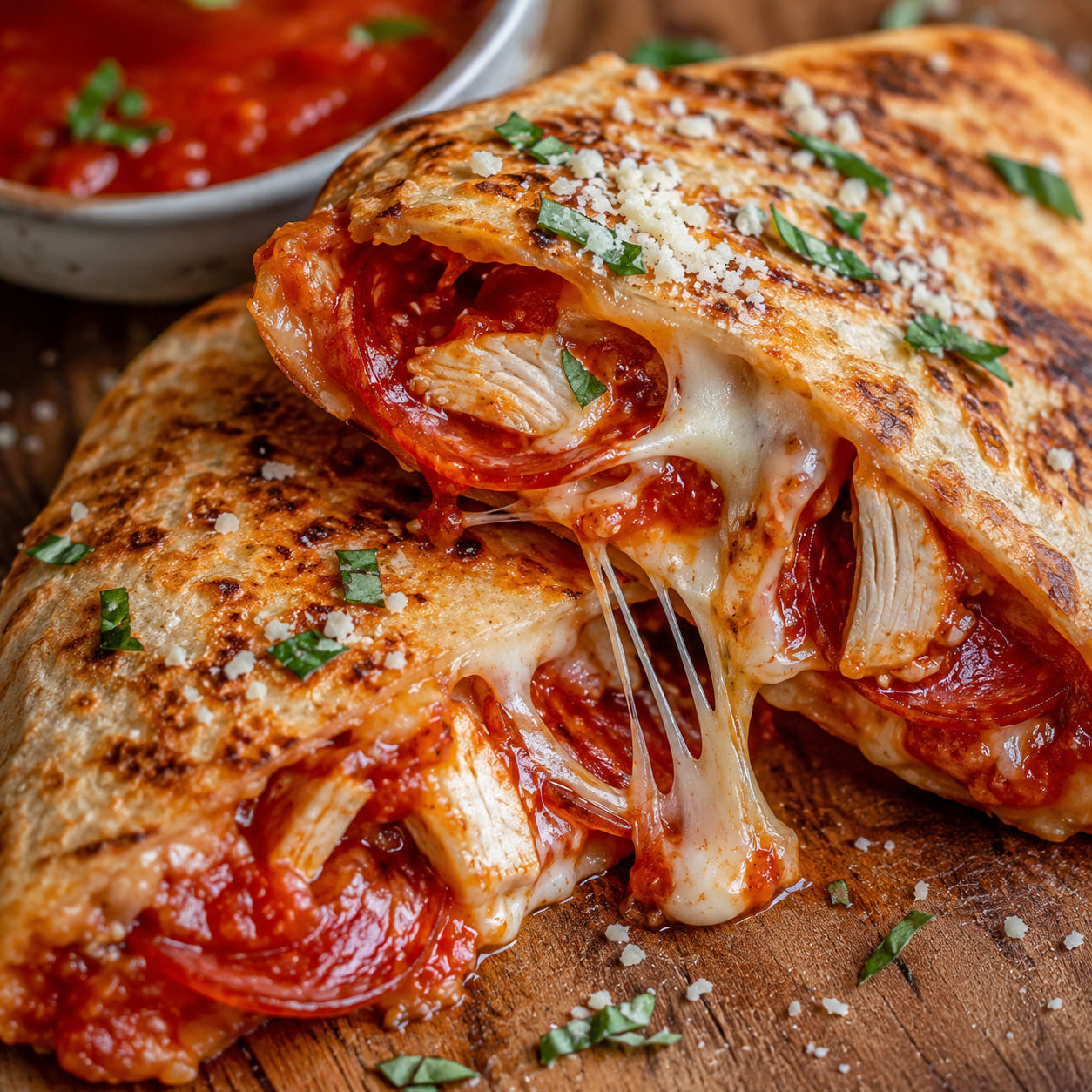 Chicken and pepperoni pizza melts with gooey mozzarella and sauce