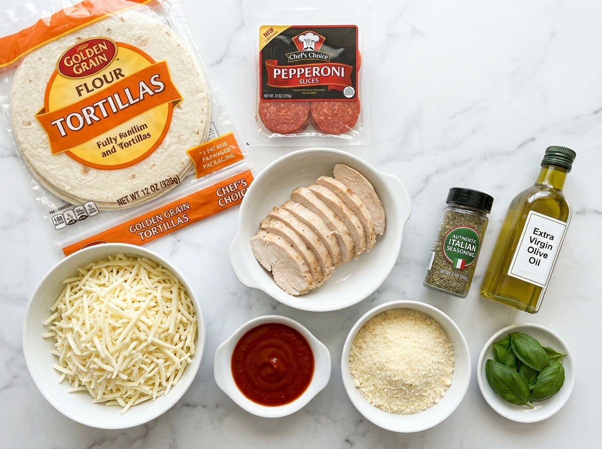 Ingredients for chicken and pepperoni pizza melts on a wooden surface