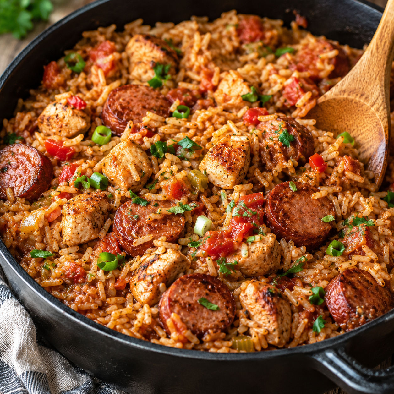 Chicken and sausage jambalaya with green onions in a cast iron pot