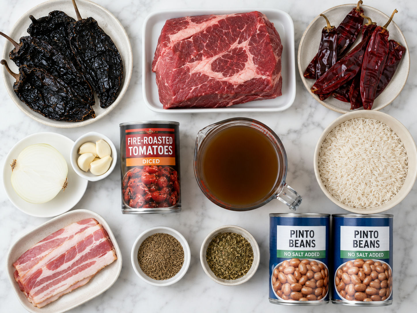 Raw ingredients for Chile Colorado with rice and beans including dried ancho chiles, beef chuck roast, and pinto beans