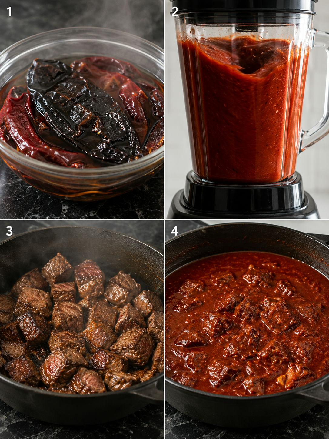 Four cooking steps for Chile Colorado: soaking chiles, blending sauce, searing beef, finished braise in red sauce