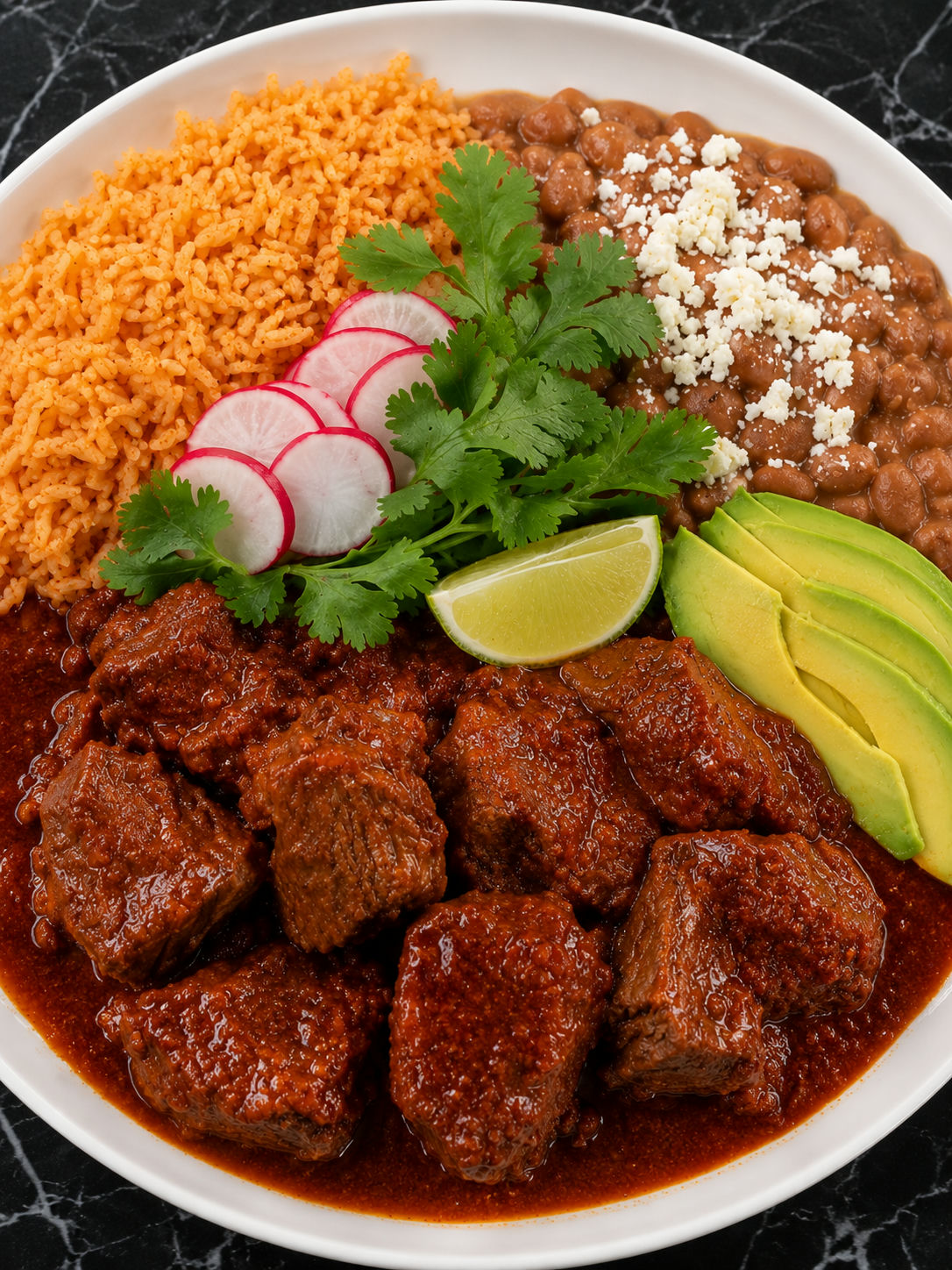 Overhead view of Chile Colorado plate with braised beef in red chile sauce, Mexican rice, pinto beans, and fresh garnishes