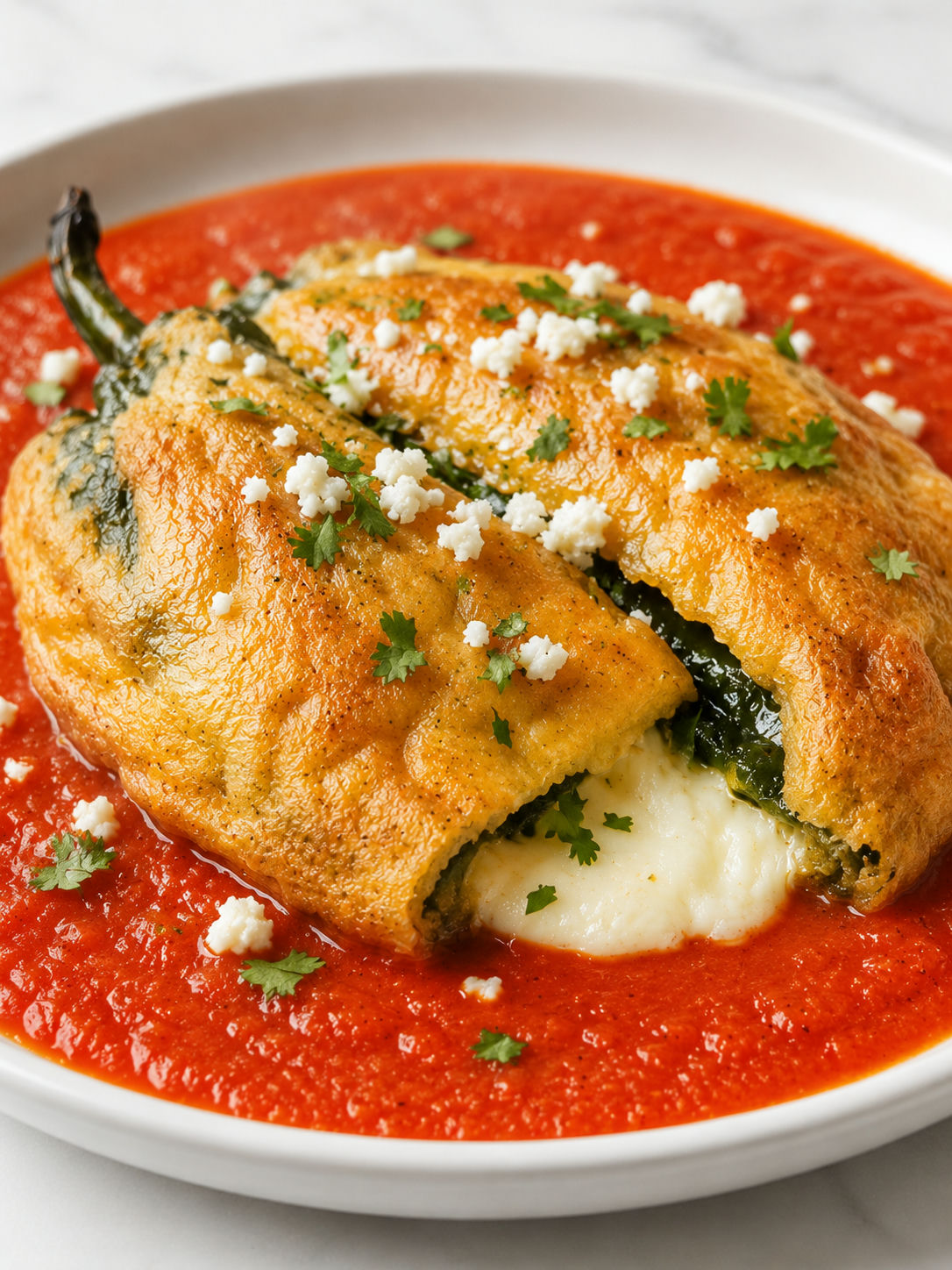 Cheese-filled chiles rellenos in red tomato sauce with cilantro
