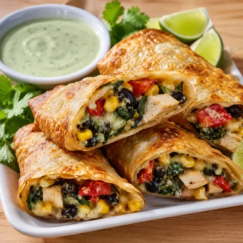 Chilis Southwest Eggrolls with avocado ranch and lime on a white platter