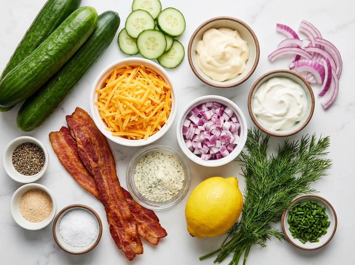 Ingredients for cucumber ranch salad with bacon, cheddar, herbs, and dressing