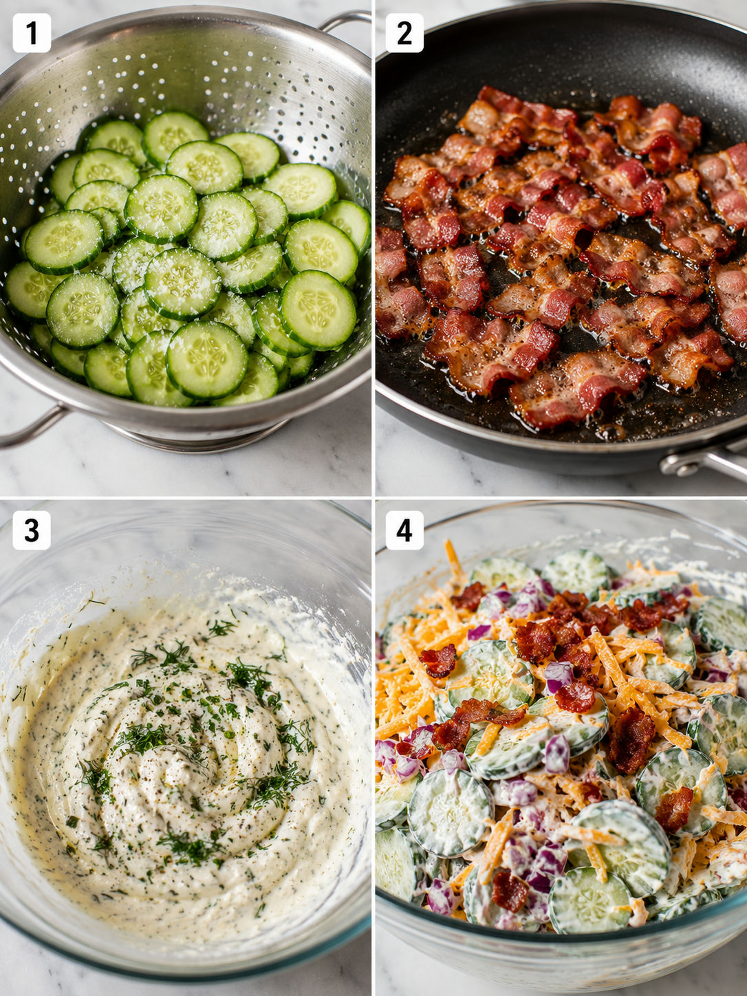 Four steps for making cucumber ranch salad with bacon and cheddar