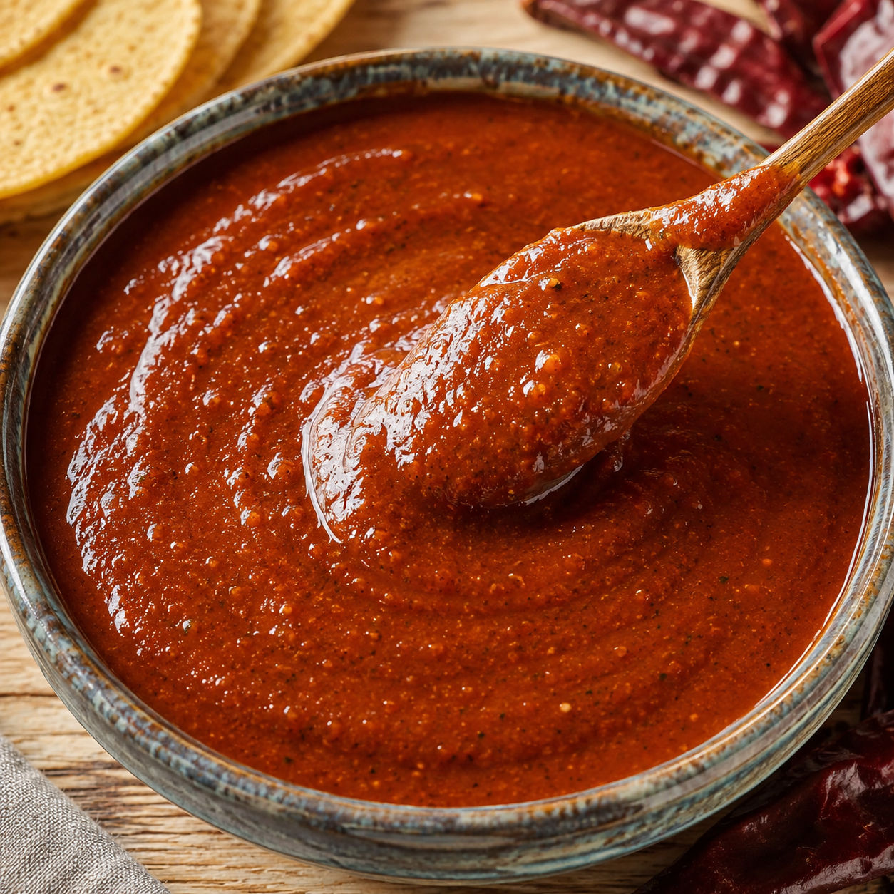 Chimayo red chile enchilada sauce in a ceramic bowl with tortillas