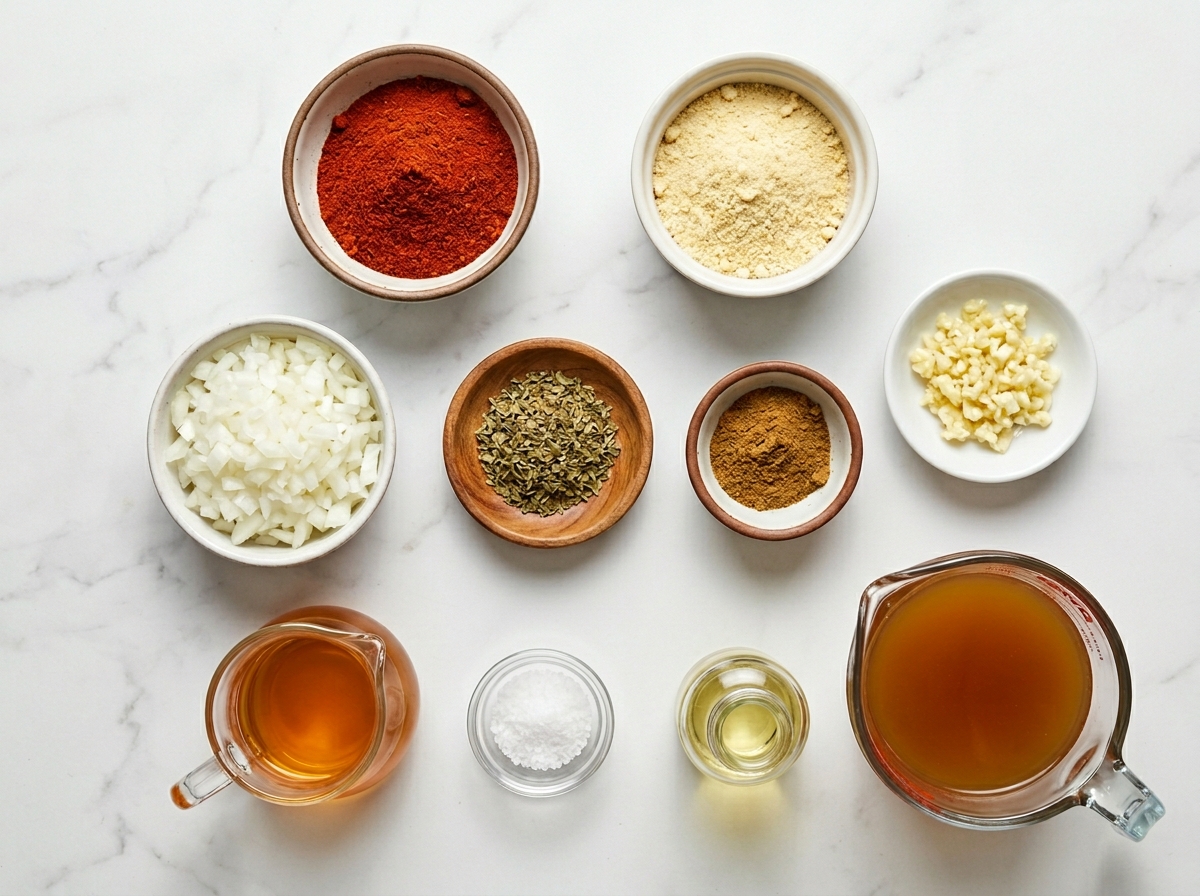 Ingredients for Chimayo red chile enchilada sauce on a wooden surface