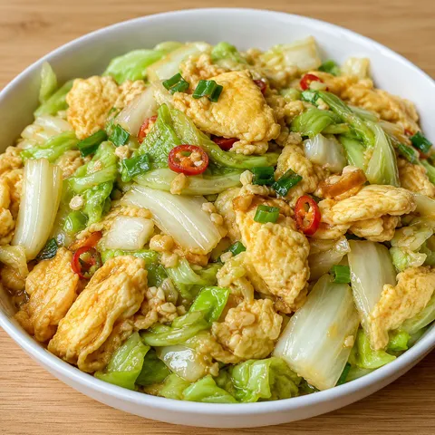 Chinese cabbage and egg stir fry with scallions and red chili
