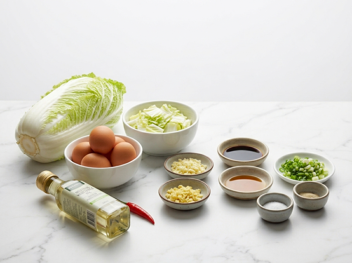 Napa cabbage, eggs, garlic, ginger, soy sauce, and scallions