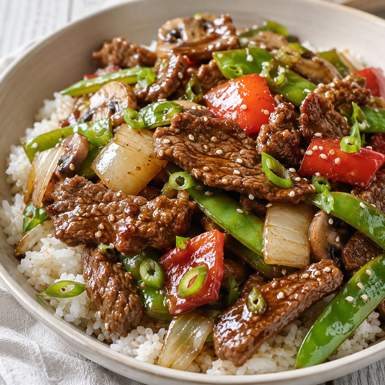 Chinese pepper steak with bell peppers, snow peas, mushrooms, and rice