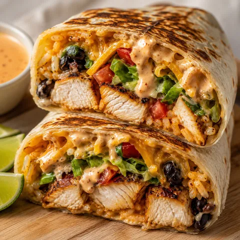 Chipotle ranch chicken burrito sliced with grilled chicken and creamy sauce