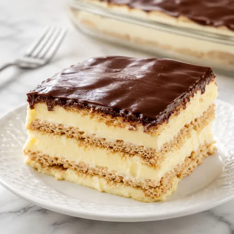 Chocolate Éclair Cake slice with vanilla cream layers and glossy ganache