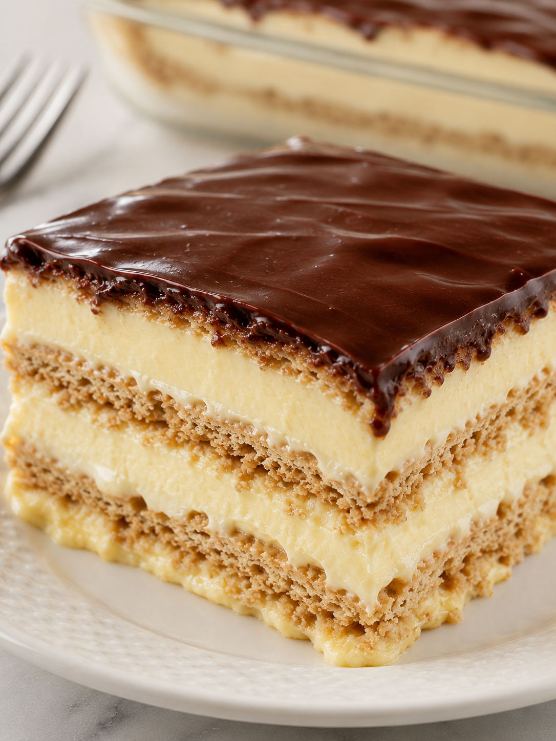Chocolate Éclair Cake, plated and served