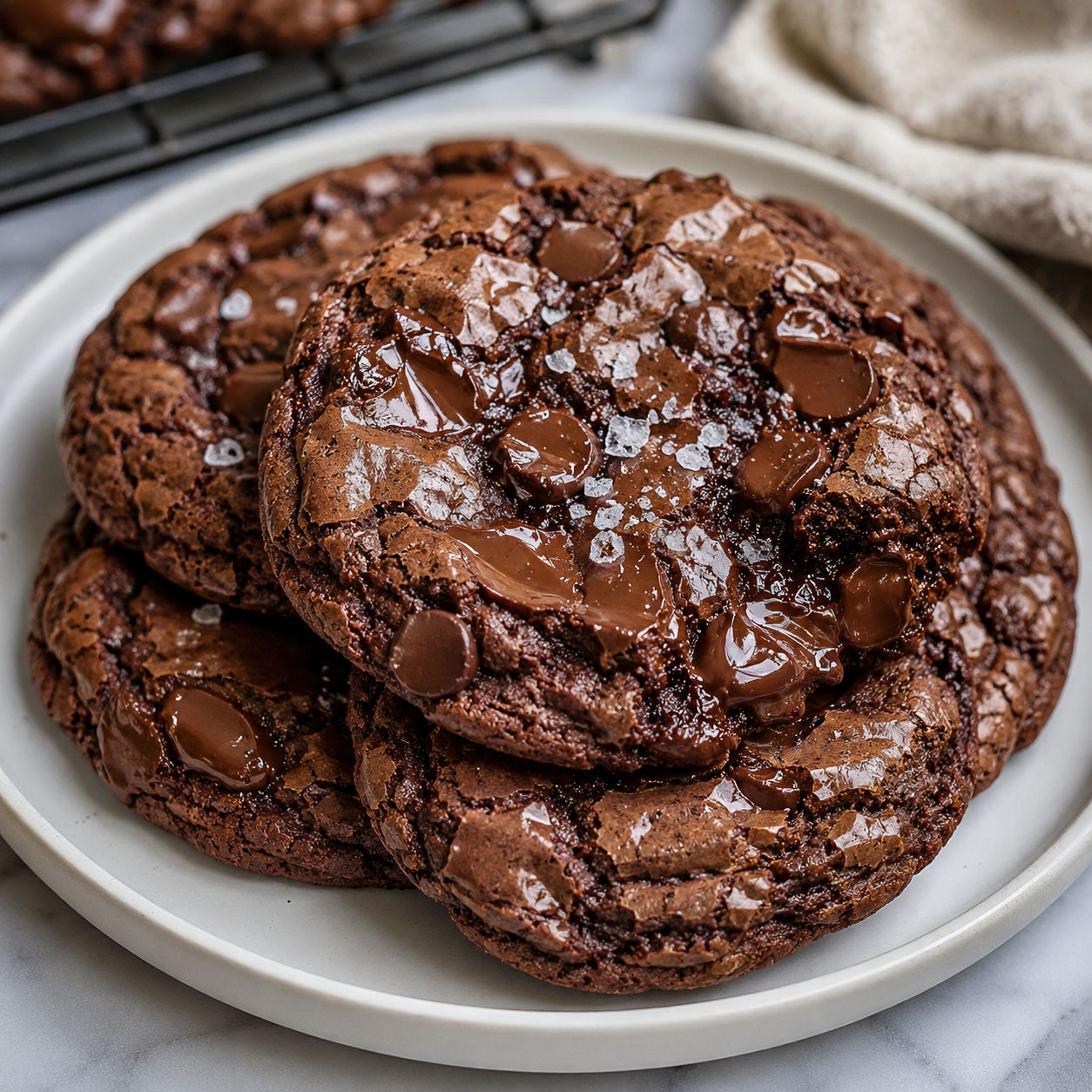 Chocolate chip brownie cookies with crackly tops and melted chips