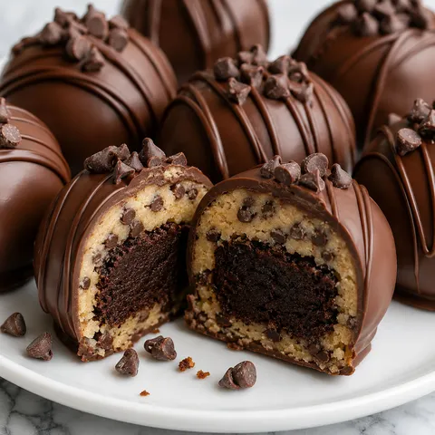 Chocolate covered cookie dough brownie bombs with one cut open