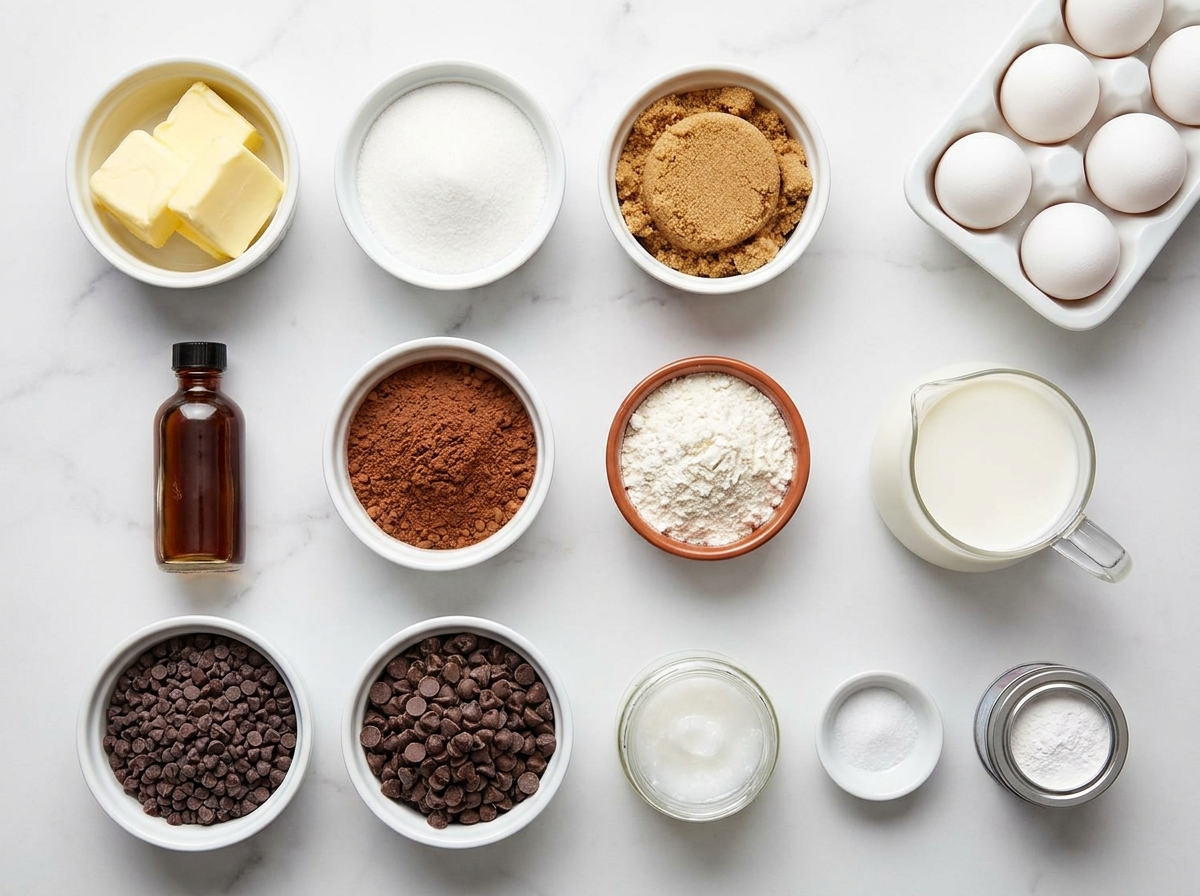 Brownie bomb ingredients with chocolate chips, cocoa, butter, flour, and milk