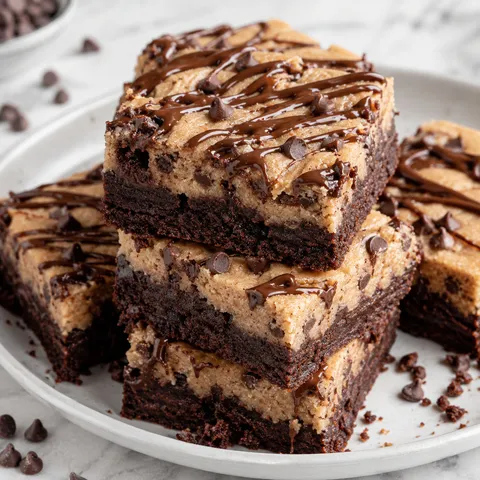 Cookie dough brownie squares with chocolate drizzle and mini chocolate chips