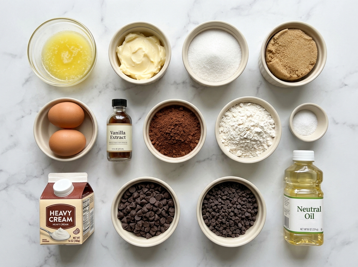 Brownie and cookie dough ingredients with chocolate chips on marble