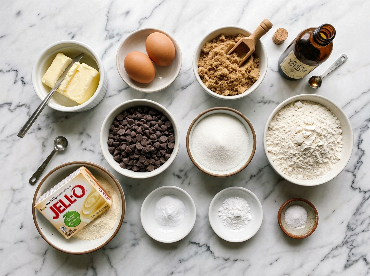 Ingredients for soft chocolate chip pudding cookies on a kitchen counter