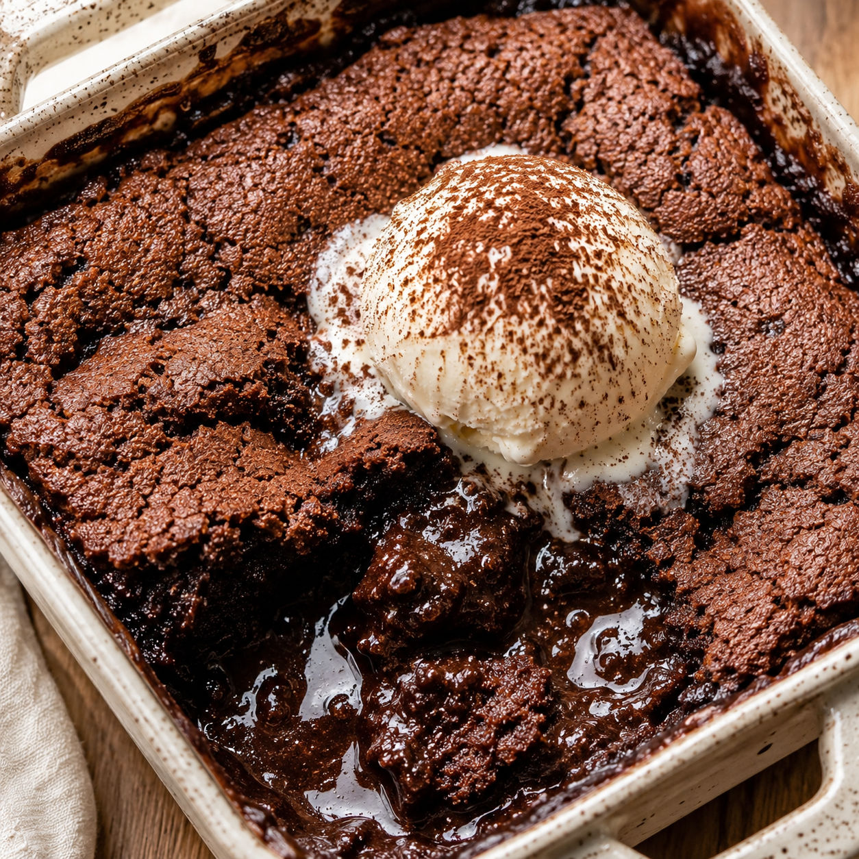 Chocolate cobbler in a square baking dish with vanilla ice cream and cocoa dust