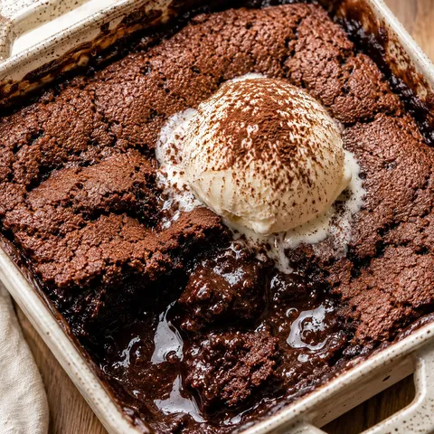 Chocolate cobbler in a square baking dish with vanilla ice cream and cocoa dust