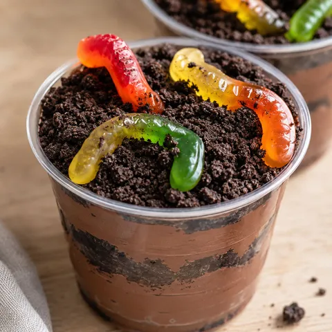 Chocolate dirt pie cup with layered pudding, Oreo crumbs, and gummy worms