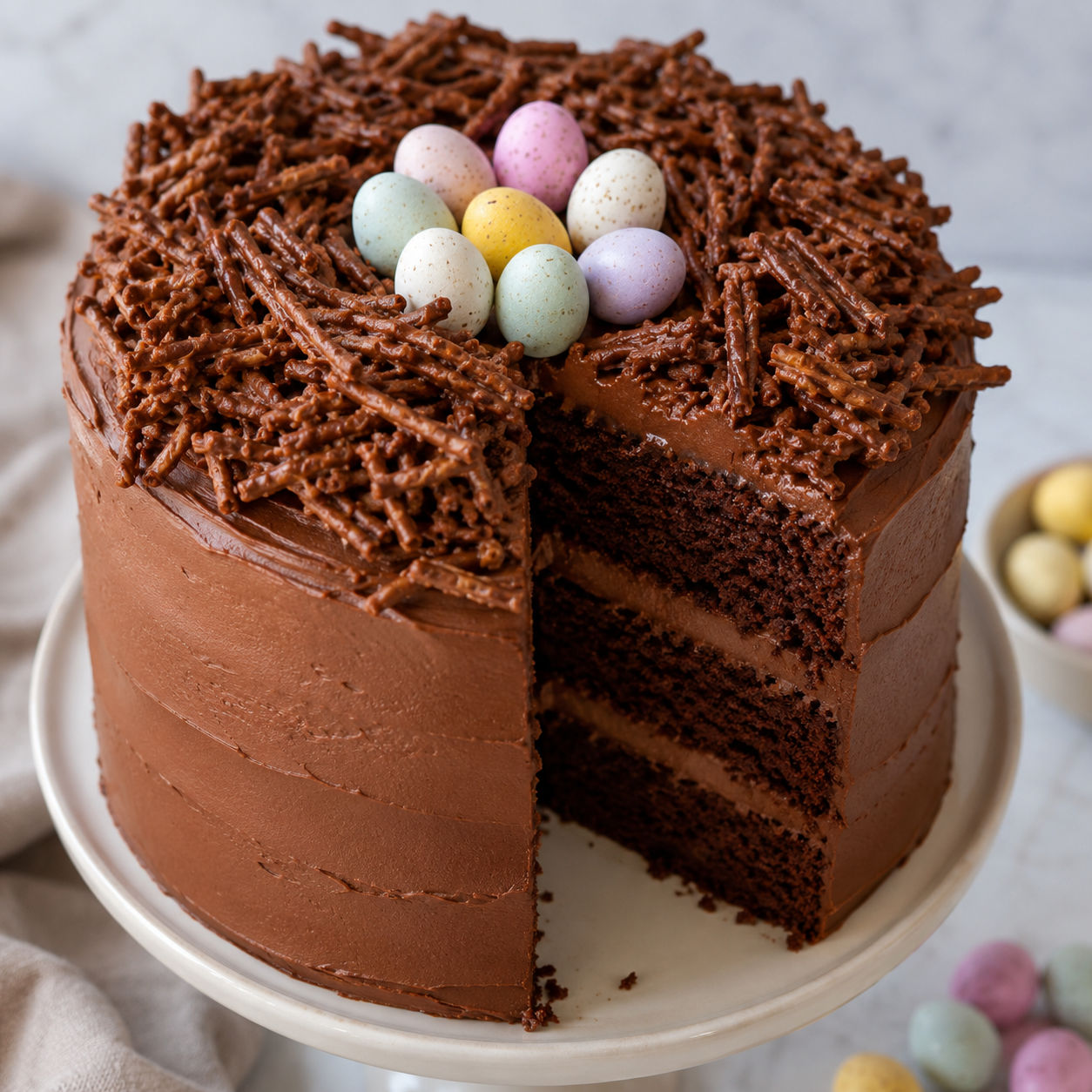 Chocolate Easter egg nest cake with pastel mini eggs on top
