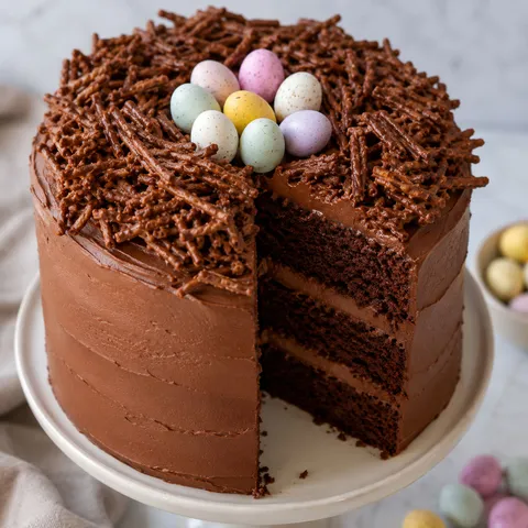 Chocolate Easter egg nest cake with pastel mini eggs on top