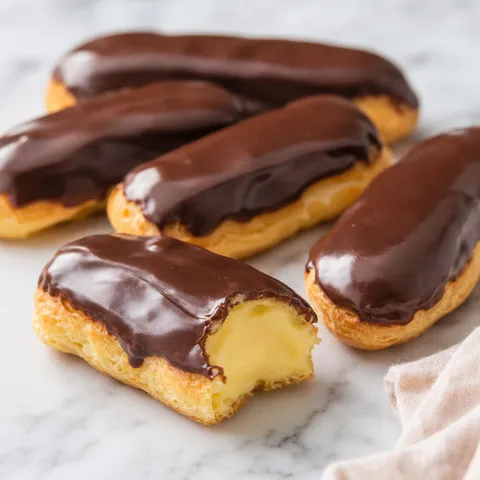Chocolate eclairs with glossy ganache and vanilla pastry cream